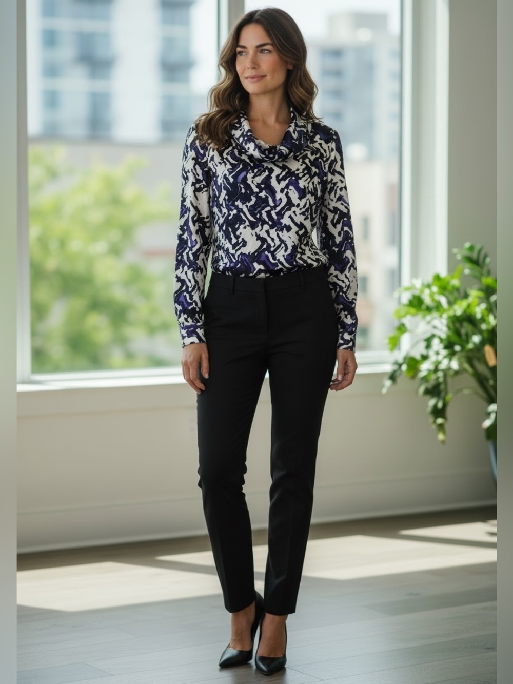 St. John Abstract Print Cowl Neck Top in White, Black & Purple